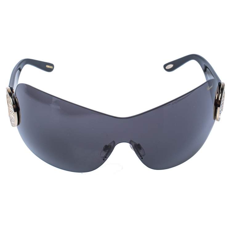 Pre Owned Chopard Black/ Grey Crystal Embellished SCH939S Shield Sunglasses