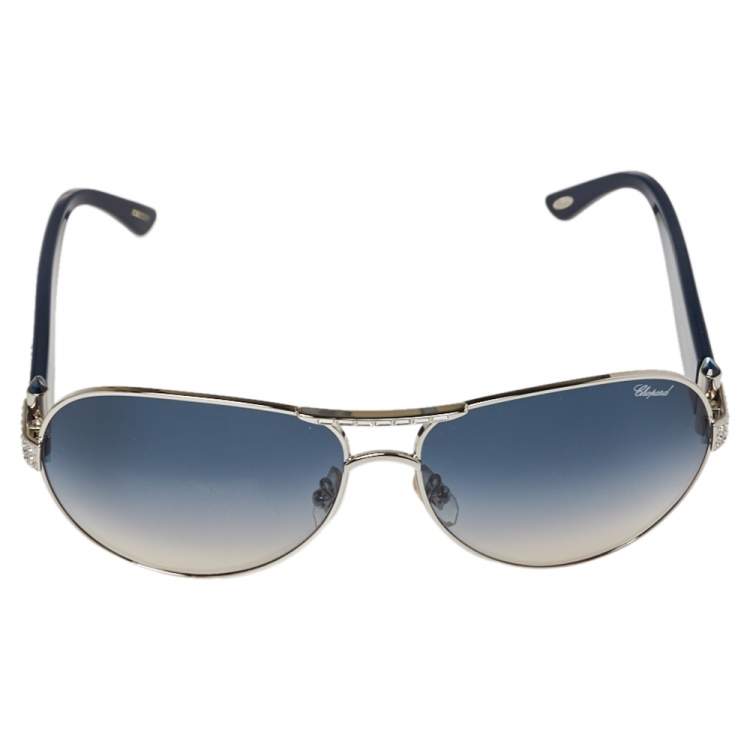 Pre Owned Chopard Crystal Embellished Silver Tone/ Blue Gradient SCH 866s Aviator Sunglasses