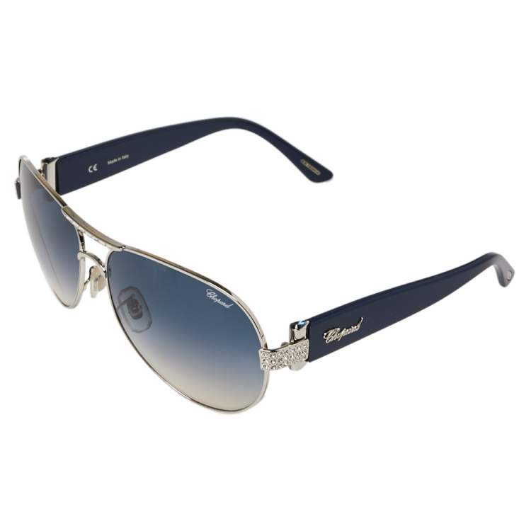 Pre Owned Chopard Crystal Embellished Silver Tone/ Blue Gradient SCH 866s Aviator Sunglasses