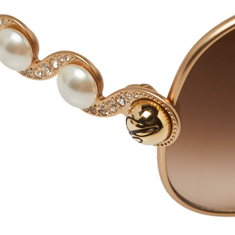 Pre Owned Chopard Crystal & Faux Pearl studded / Brown Gradient 803 Aviator Sunglasses