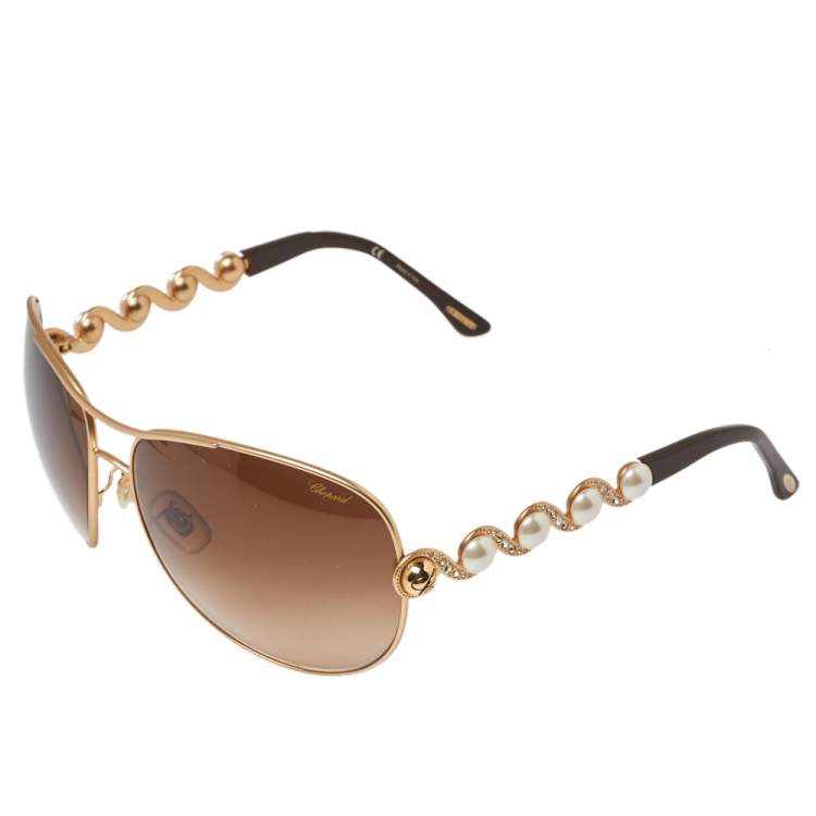 Pre Owned Chopard Crystal & Faux Pearl studded / Brown Gradient 803 Aviator Sunglasses