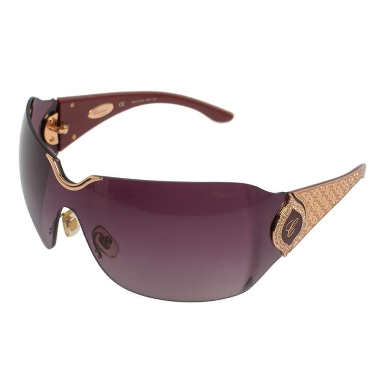 Pre Owned Chopard Gold/Burgundy Gradient SCH 883S Crystal Embellished Shield Sunglasses