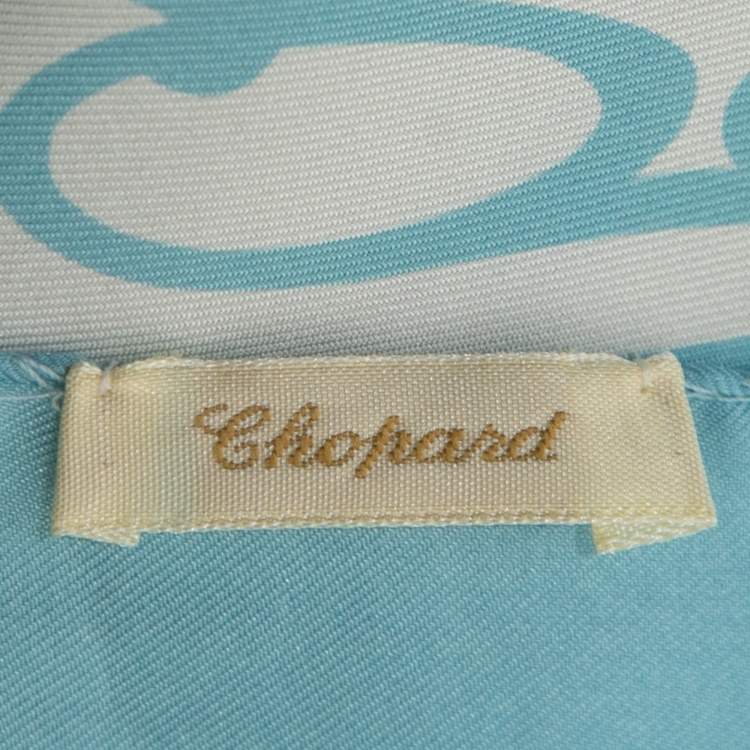 Pre Owned Chopard Vintage Light Blue/ White Logo Perfume Art Silk Square Scarf