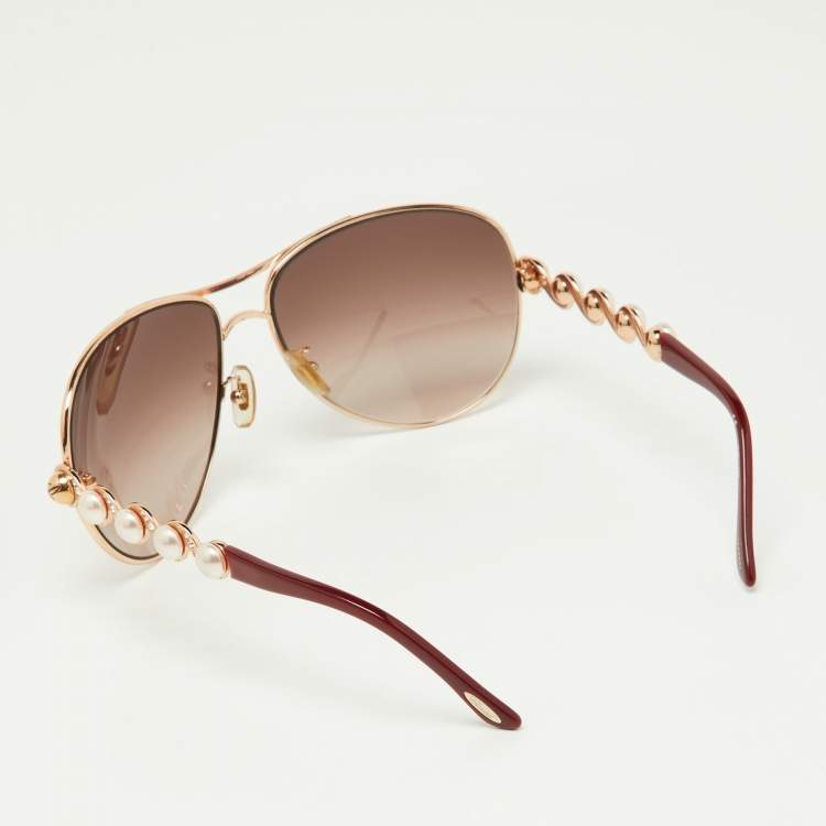 Pre Owned Chopard Gold Tone/Brown Gradient Crystal & Faux Pearl Studded 803S Aviator Sunglasses