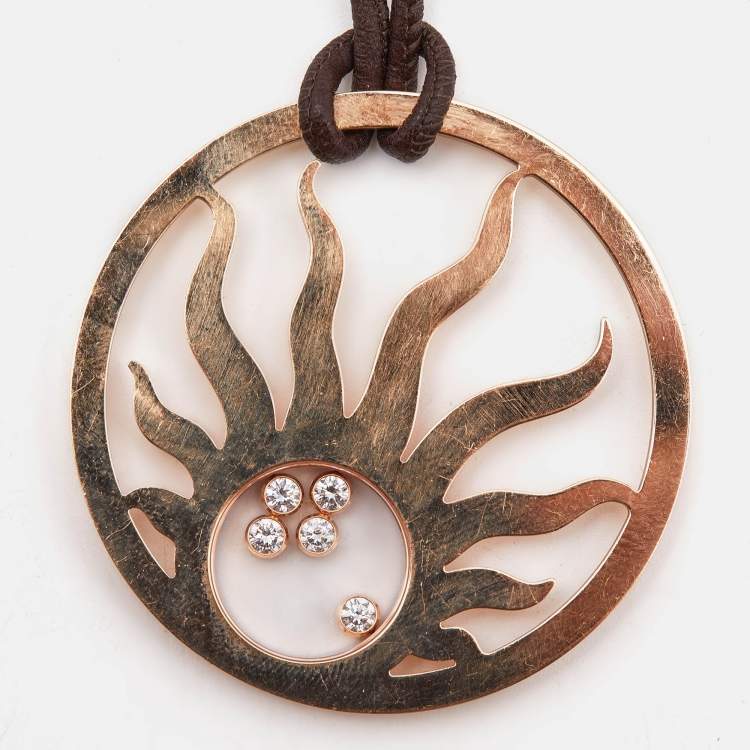 Pre Owned Chopard Happy Sun Diamond 18k Rose Gold Leather Necklace