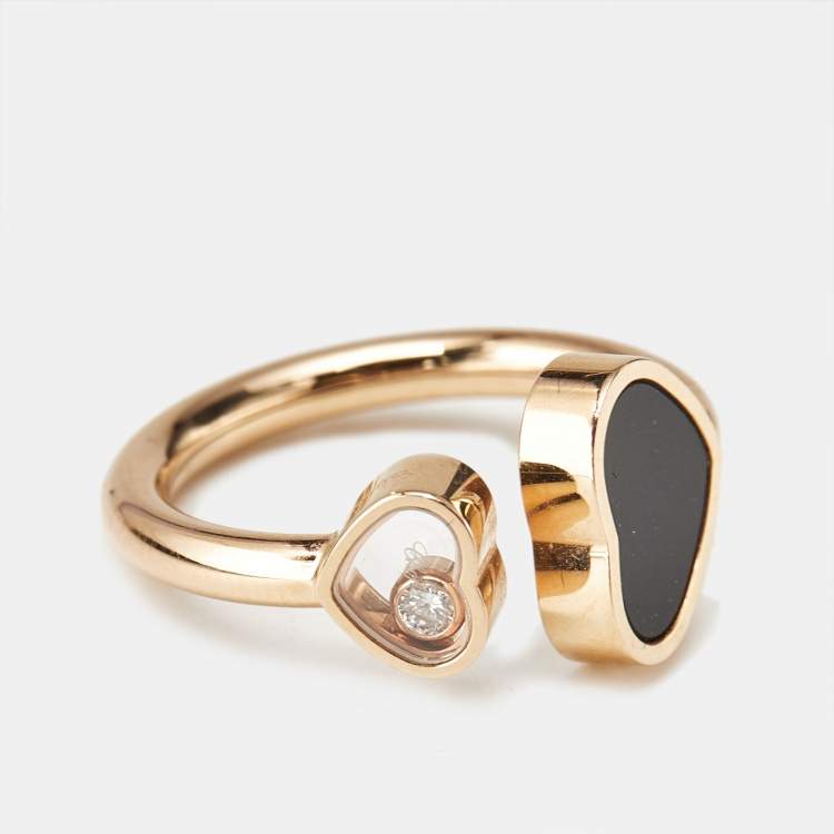 Pre Owned Chopard Happy Hearts Onyx Diamond 18k Rose Gold Ring Size 51
