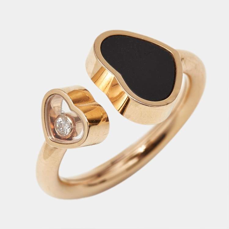 Pre Owned Chopard Happy Hearts Onyx Diamond 18k Rose Gold Ring Size 51
