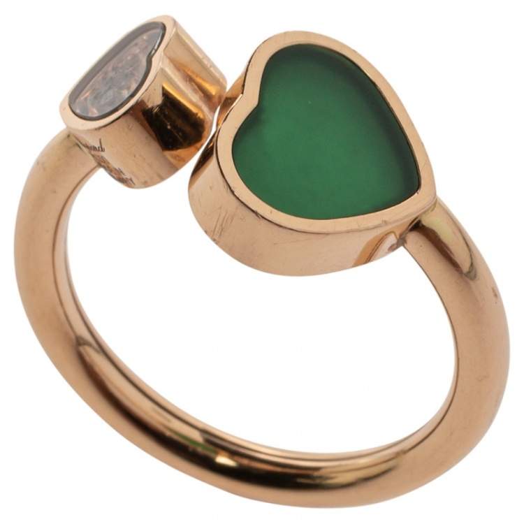 Pre Owned Chopard Happy Hearts Green Agate Diamond 18K Rose Gold Ring Size 52/53
