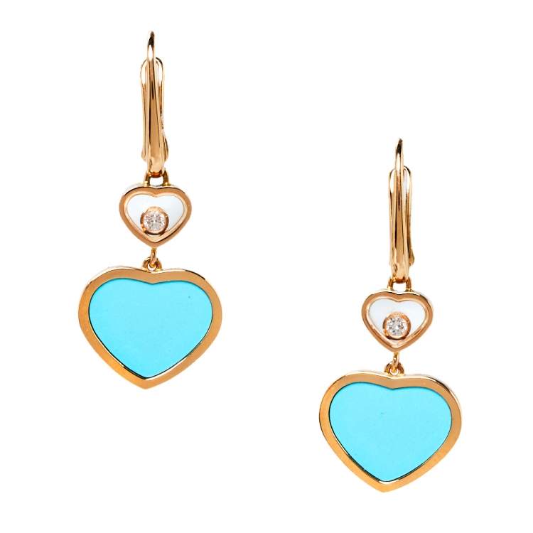 مملوكة مسبقًا Chopard Happy Hearts Diamond Turquoise 18K Rose Gold Drop Earrings