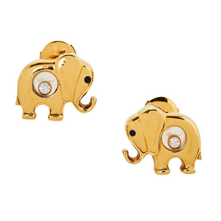 Pre Owned Chopard Happy Diamonds Elephant Motif Sapphire Diamond 18K Yellow Gold  Stud Earrings