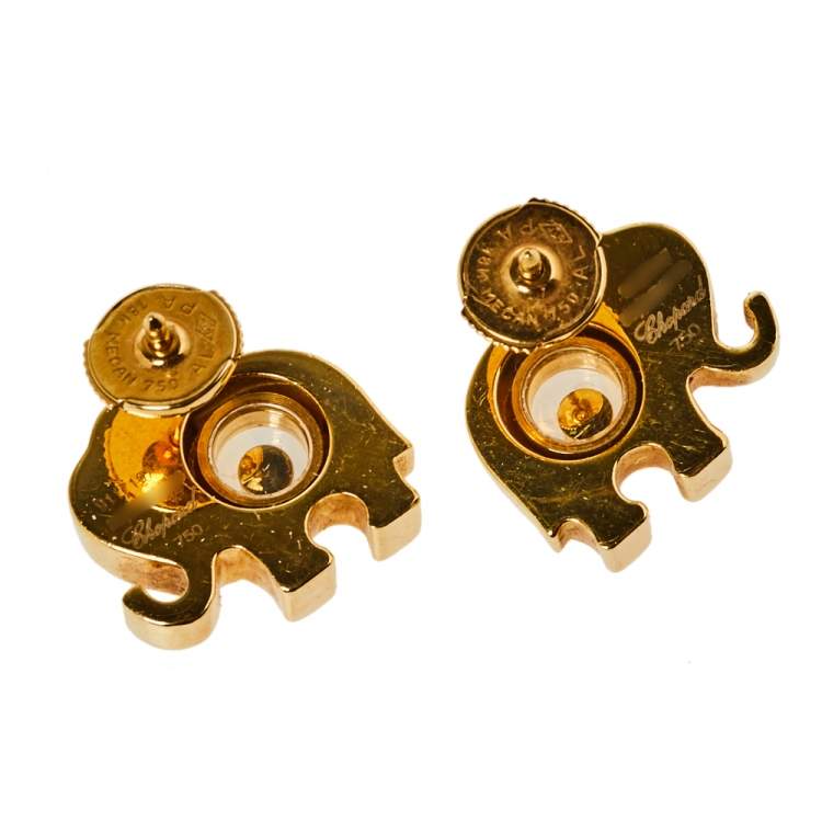 Pre Owned Chopard Happy Diamonds Elephant Motif Sapphire Diamond 18K Yellow Gold  Stud Earrings