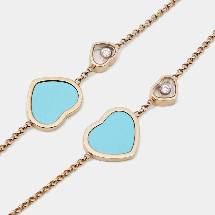 Pre Owned Chopard Happy Heart Diamond Turquoise 18k Rose Gold Long Necklace