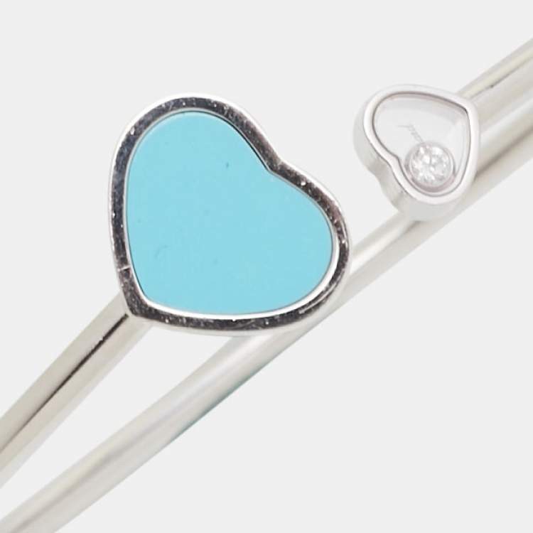 Pre Owned Chopard Happy Heart Diamond Turquoise 18k White Gold Open Cuff Bracelet