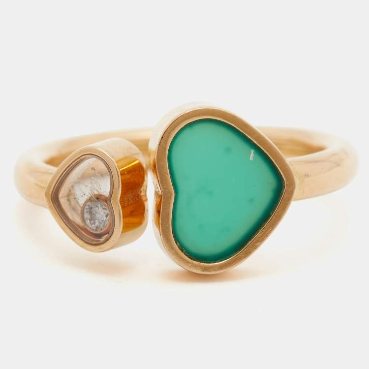 Pre Owned Chopard Happy Hearts Green Agate Diamond 18K Rose Gold Ring Size 54