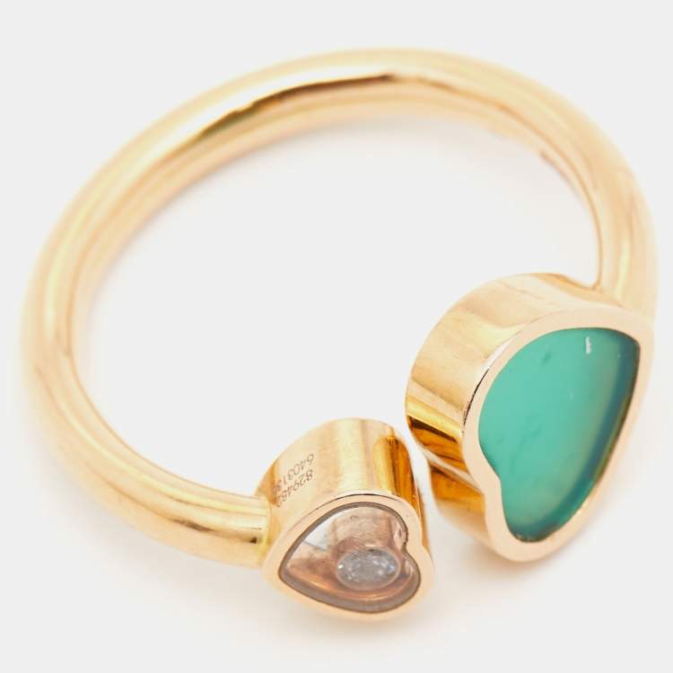 Pre Owned Chopard Happy Hearts Green Agate Diamond 18K Rose Gold Ring Size 54