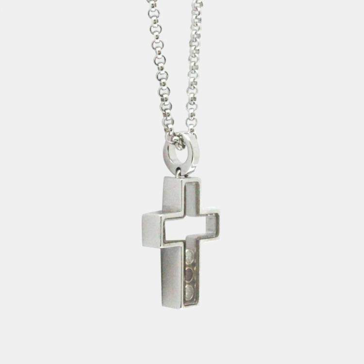 Pre Owned Chopard 18K White Gold, Diamond and Sapphire Happy Diamond Cross Pendant Necklace
