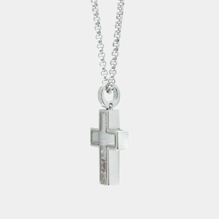 Pre Owned Chopard 18K White Gold, Diamond and Sapphire Happy Diamond Cross Pendant Necklace