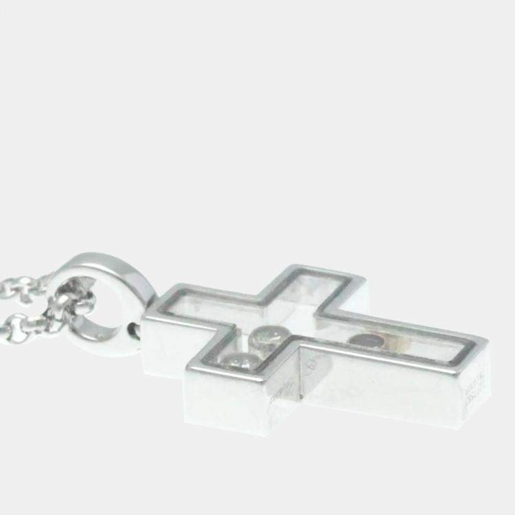Pre Owned Chopard 18K White Gold, Diamond and Sapphire Happy Diamond Cross Pendant Necklace