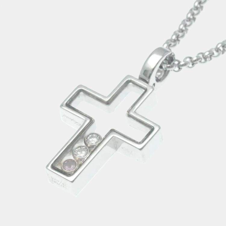 Pre Owned Chopard 18K White Gold, Diamond and Sapphire Happy Diamond Cross Pendant Necklace
