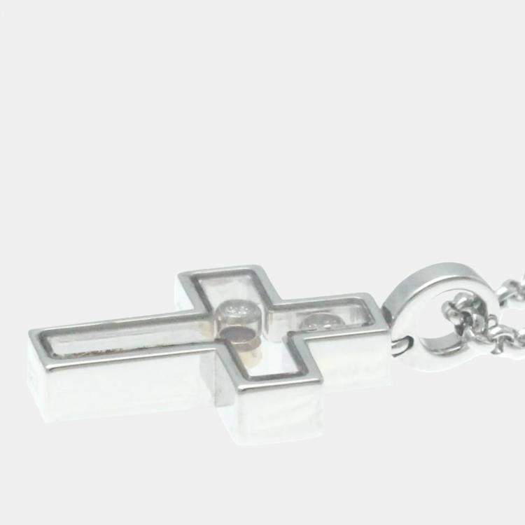 Pre Owned Chopard 18K White Gold, Diamond and Sapphire Happy Diamond Cross Pendant Necklace