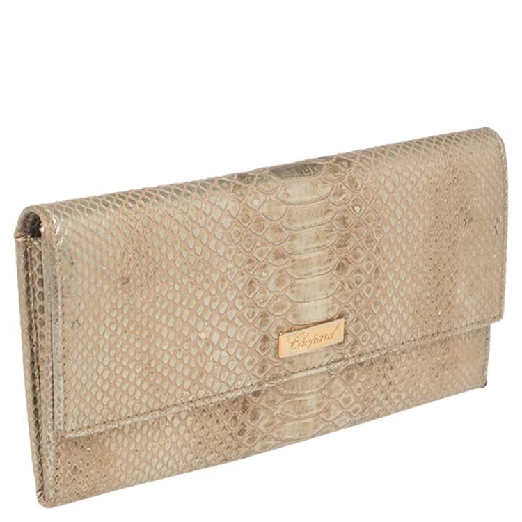 Pre Owned Chopard Metallic Gold Python Embossed Leather Continental Wallet 