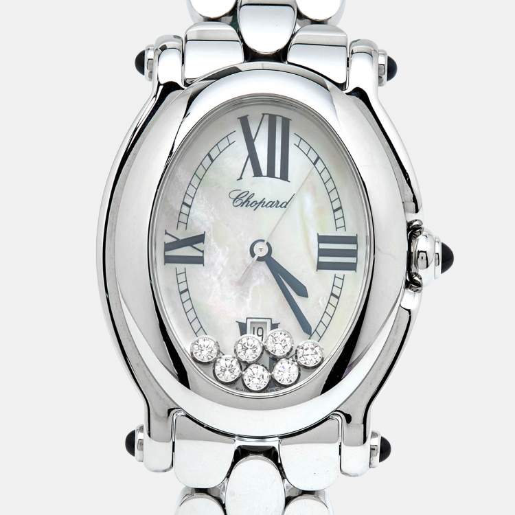 Pre Owned Chopard White Mother of Pearl Diamond Stainless Steel Happy Sport 27/8397-23 Women's Wristwatch 30 mm