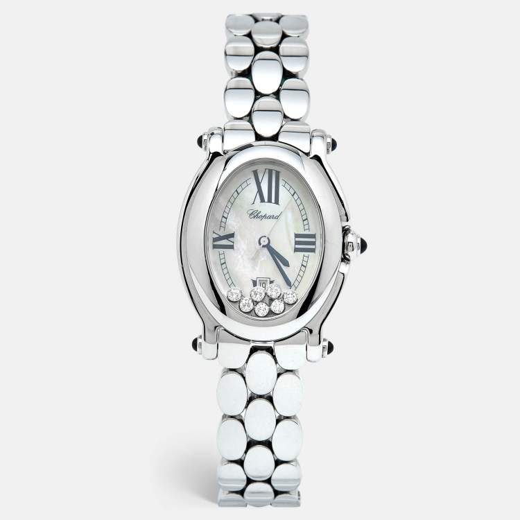 Pre Owned Chopard White Mother of Pearl Diamond Stainless Steel Happy Sport 27/8397-23 Women's Wristwatch 30 mm