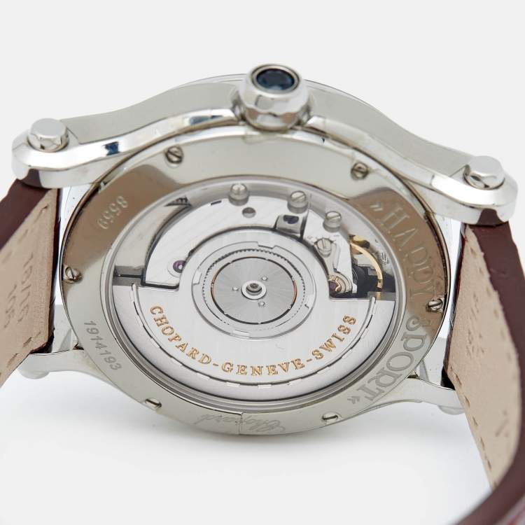 Pre Owned Chopard Silver Diamond Stainless Steel Alligator Leather Happy Sport 278559-3001 Women's Wristwatch 36 mm