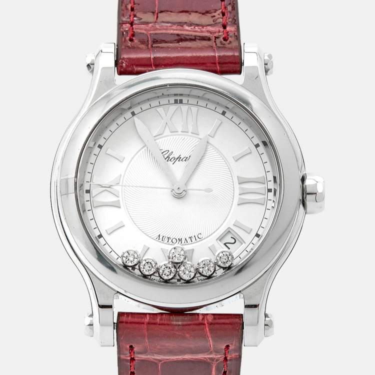 Pre Owned Chopard Silver Diamond Stainless Steel Alligator Leather Happy Sport 278559-3001 Women's Wristwatch 36 mm