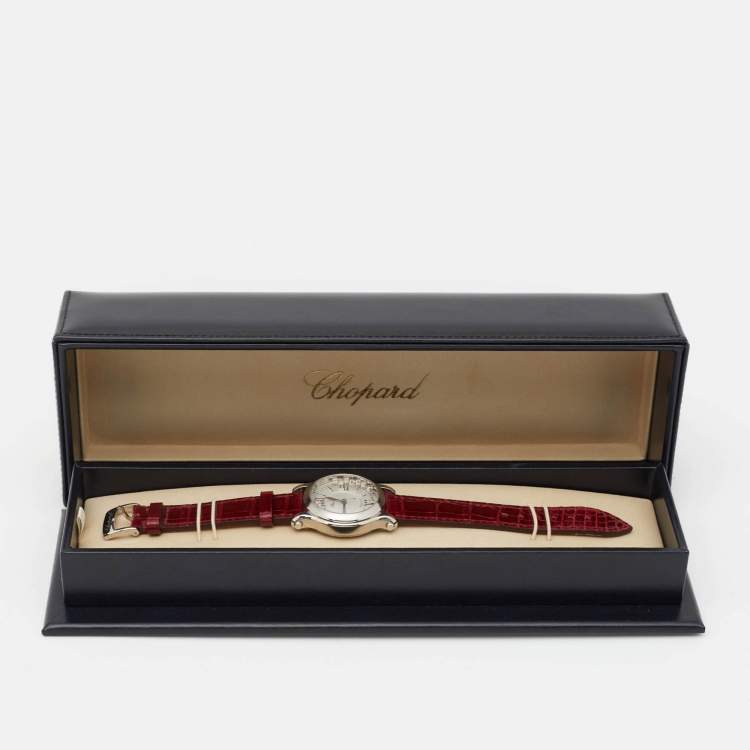 Pre Owned Chopard Silver Diamond Stainless Steel Alligator Leather Happy Sport 278559-3001 Women's Wristwatch 36 mm