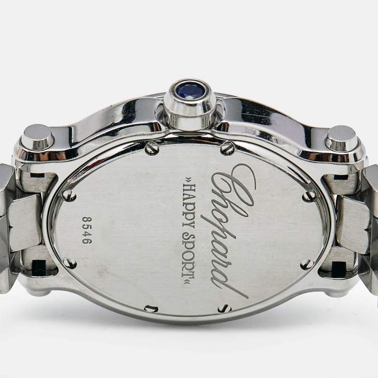 Pre Owned Chopard White Mother Of Pearl Stainless Steel Diamond Happy Sport 8546 Women's Wristwatch 30 mm