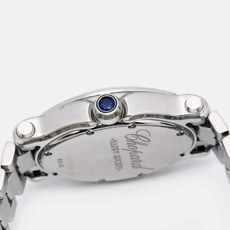 Pre Owned Chopard White Mother Of Pearl Stainless Steel Diamond Happy Sport 8546 Women's Wristwatch 30 mm