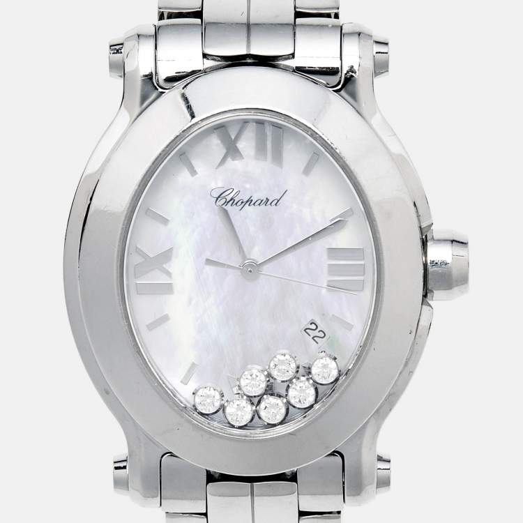 Pre Owned Chopard White Mother Of Pearl Stainless Steel Diamond Happy Sport 8546 Women's Wristwatch 30 mm