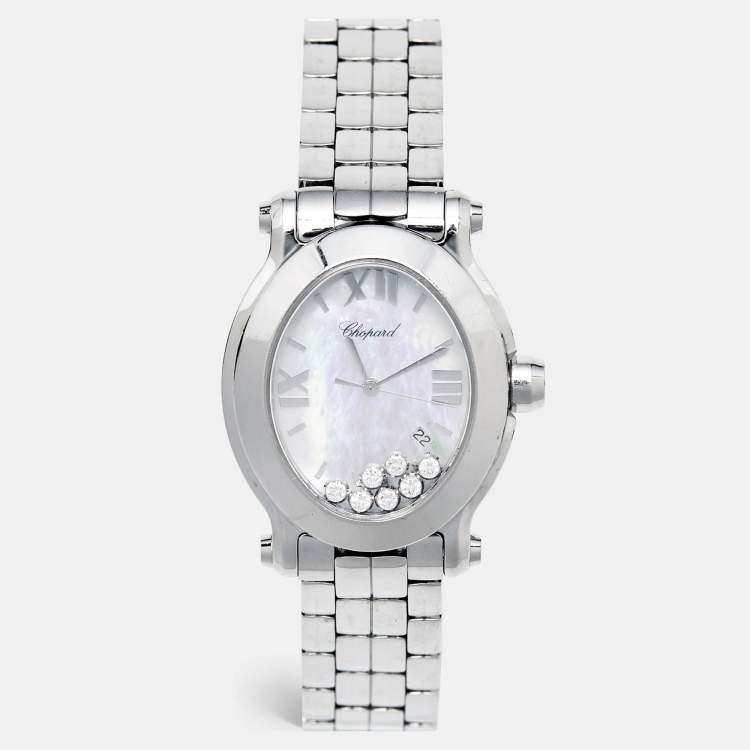 Pre Owned Chopard White Mother Of Pearl Stainless Steel Diamond Happy Sport 8546 Women's Wristwatch 30 mm