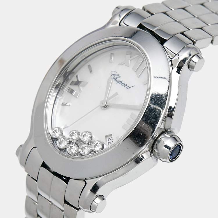Pre Owned Chopard White Mother Of Pearl Stainless Steel Diamond Happy Sport 8546 Women's Wristwatch 30 mm