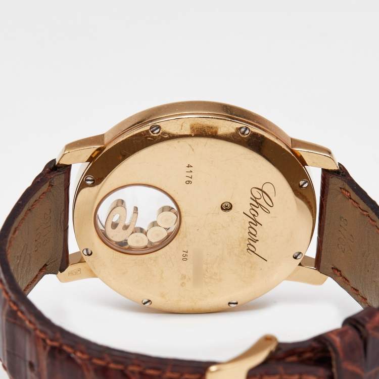 Pre Owned Chopard Mother Of Pearl 18K Yellow Gold Alligator Leather Happy Diamonds 20/7449 Women's Wristwatch 40 mm