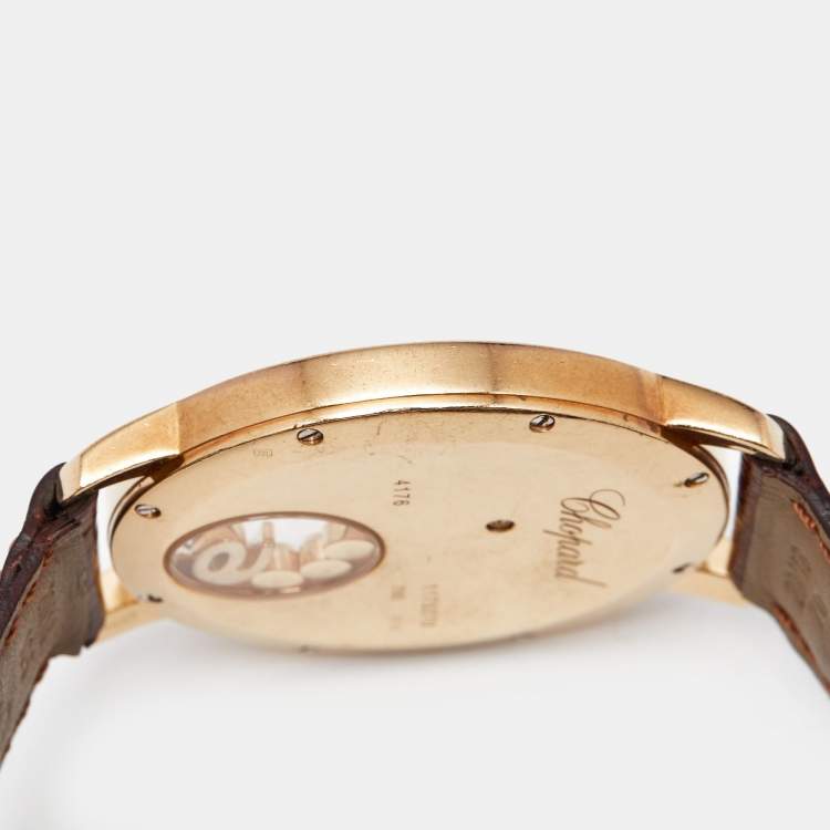 Pre Owned Chopard Mother Of Pearl 18K Yellow Gold Alligator Leather Happy Diamonds 20/7449 Women's Wristwatch 40 mm