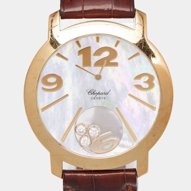 Pre Owned Chopard Mother Of Pearl 18K Yellow Gold Alligator Leather Happy Diamonds 20/7449 Women's Wristwatch 40 mm