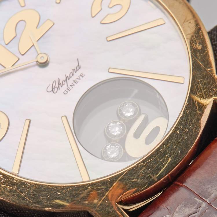 Pre Owned Chopard Mother Of Pearl 18K Yellow Gold Alligator Leather Happy Diamonds 20/7449 Women's Wristwatch 40 mm