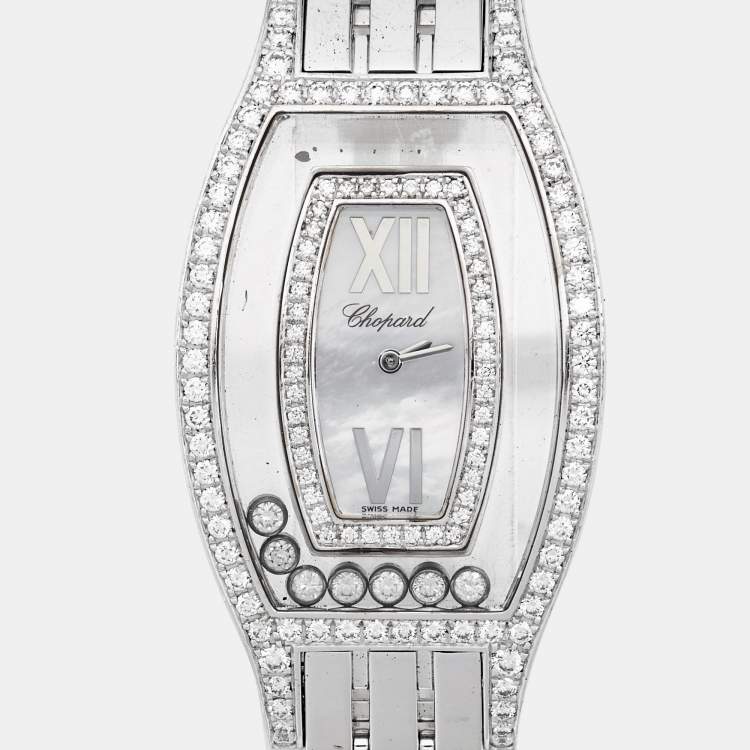 Pre Owned Chopard Mother of Pearl Diamonds 18k White Gold Happy Diamonds 20/9029 Women's Wristwatch 28 mm 
