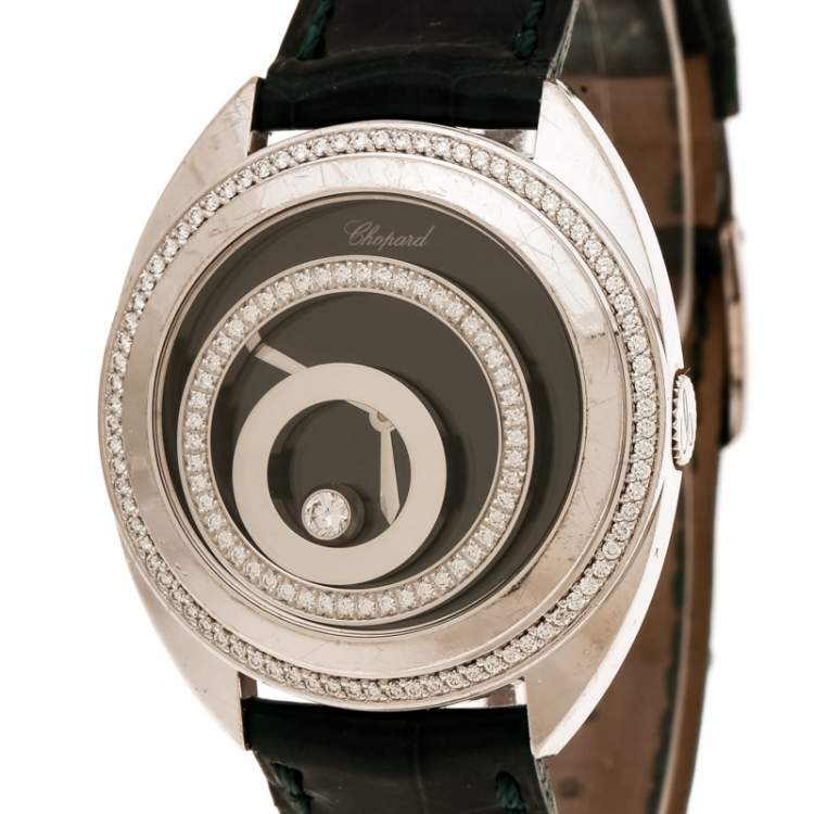 مملوكة مسبقًا Chopard Black 18K White Gold Diamonds Happy Spirit 20/7082-20 Women's Wristwatch 32 mm