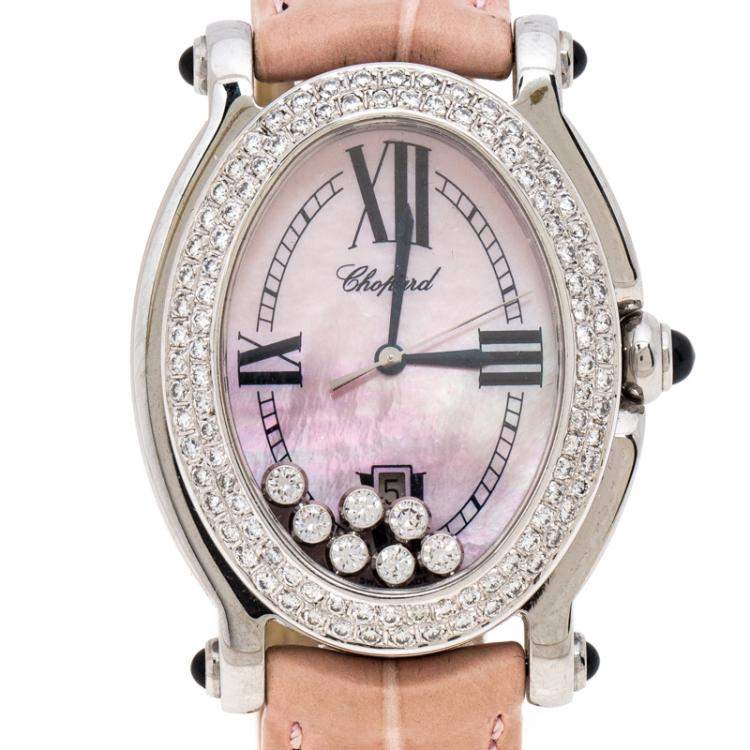 Pre Owned Chopard Pink Mother of Pearl Stainless Steel Leather Diamonds Happy Sport 27/8418-23 Women's Wristwatch 29 mm
