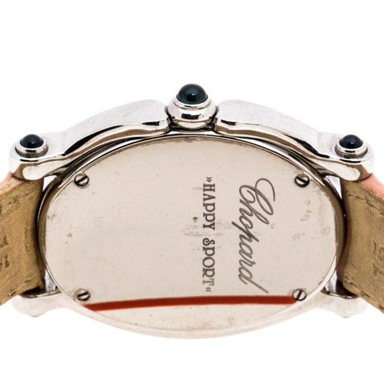 Pre Owned Chopard Pink Mother of Pearl Stainless Steel Leather Diamonds Happy Sport 27/8418-23 Women's Wristwatch 29 mm