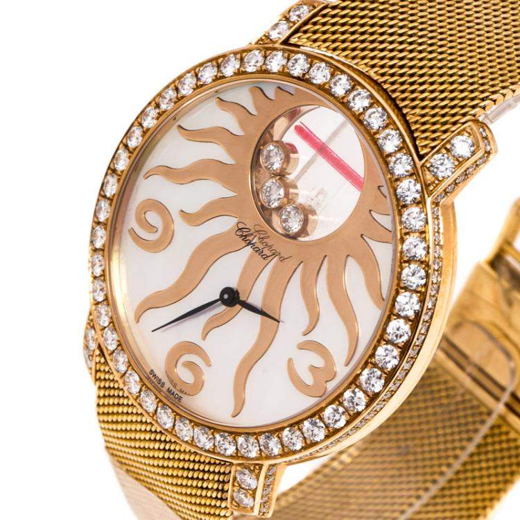 Pre Owned Chopard Mother Of Pearl Sun Motif 18K Rose Gold Happy Diamonds 4176 Women's Wristwatch 40 mm