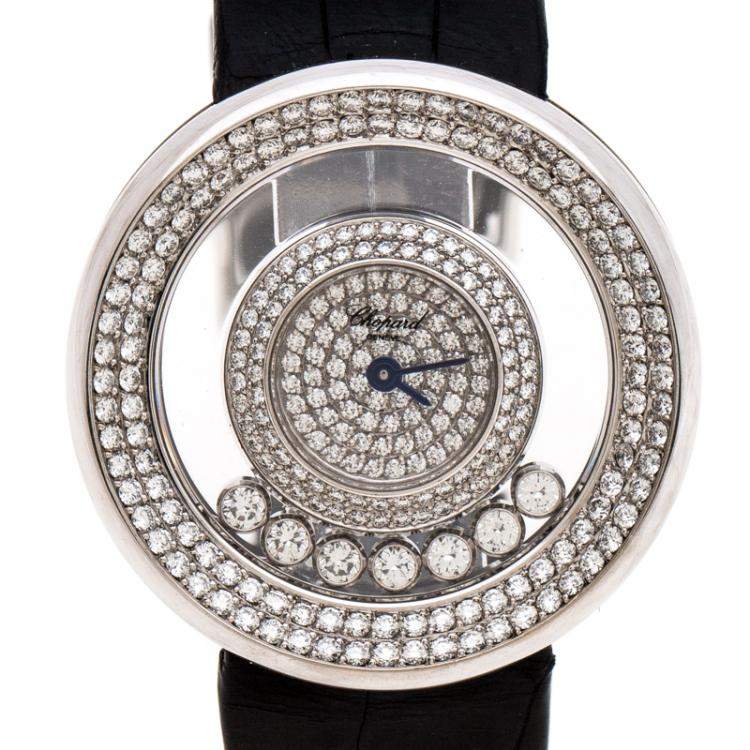 Pre Owned Chopard Diamond Pave 18k White Gold Happy Diamonds 20/6934 Women's Wristwatch 31MM