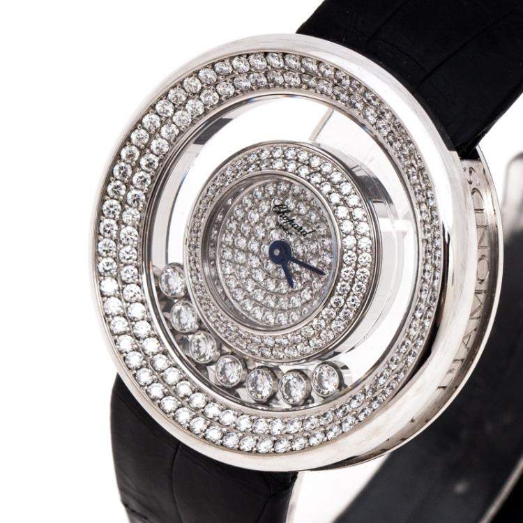 Pre Owned Chopard Diamond Pave 18k White Gold Happy Diamonds 20/6934 Women's Wristwatch 31MM