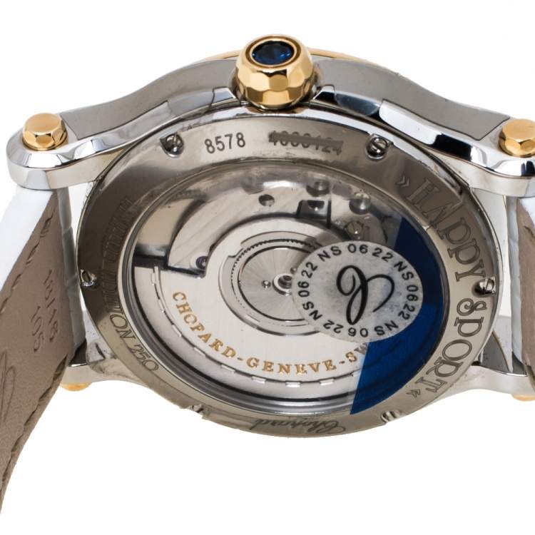 Pre Owned Chopard Mother Of Pearl 18K Yellow Gold Stainless Steel Leather Diamond Limited Edition Happy Palm 8578 Women's Wristwatch 36 mm
