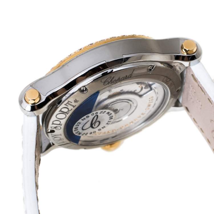 Pre Owned Chopard Mother Of Pearl 18K Yellow Gold Stainless Steel Leather Diamond Limited Edition Happy Palm 8578 Women's Wristwatch 36 mm