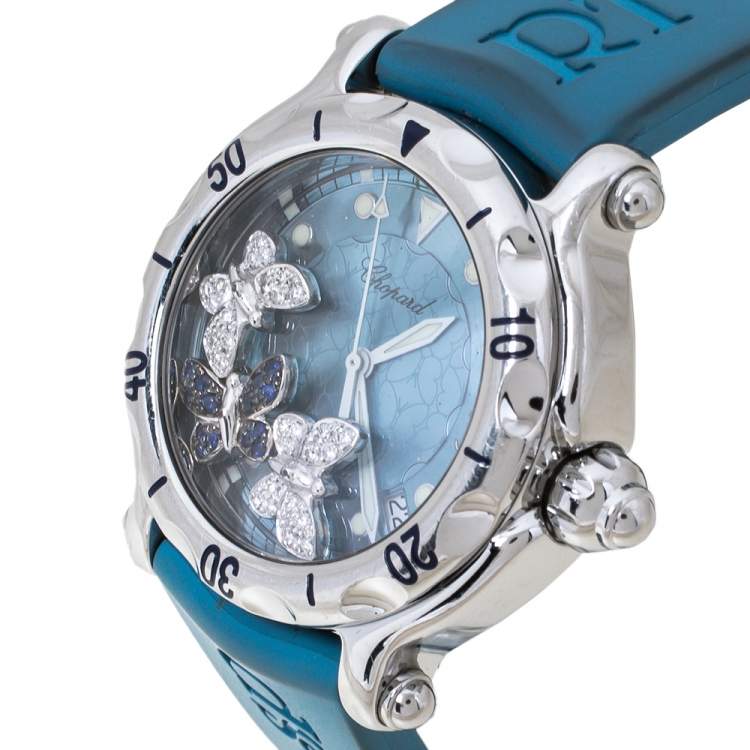Pre Owned Chopard Blue Stainless Steel and Rubber Happy Sport 28/8452 8347 Women's Wristwatch 38 mm