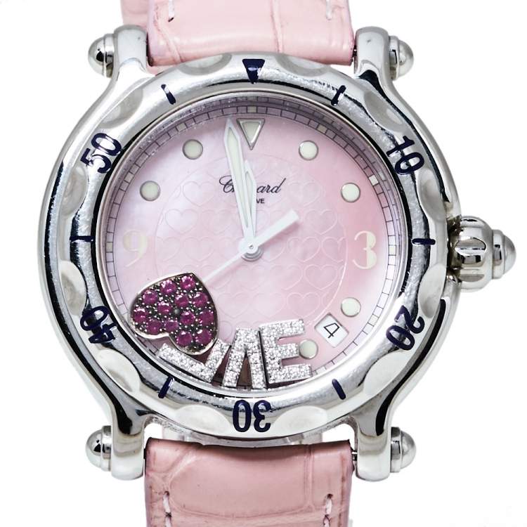 Pre Owned Chopard Pink Stainless Steel Diamonds Love Happy Sport 28/8950-401 Women's Wristwatch 38 MM